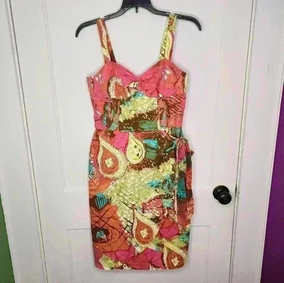 Trina Turk Size 6 Cotton Dress Faux Wrap Skirt Abstract Colorful Print - Picture 1 of 5